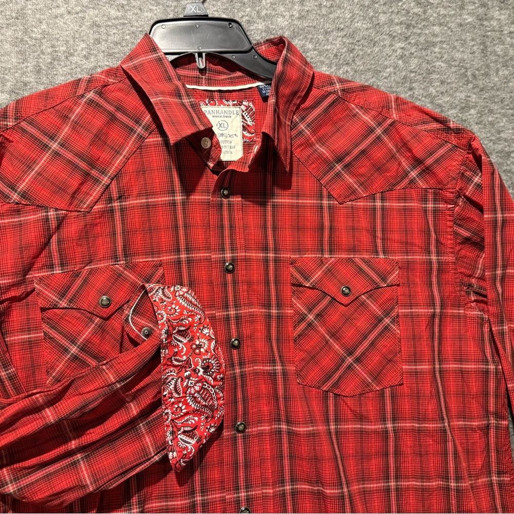 Panhandle Western Shirt mens XL red plaid paisley pearl snap button up flip cuff